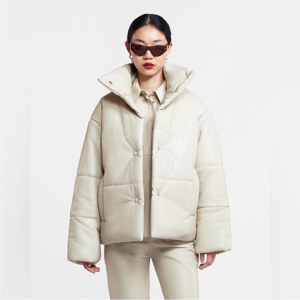Nanushka Hide Okobor Vegan Alt Leather Quilted Puffer Jacket Coat Cream Small